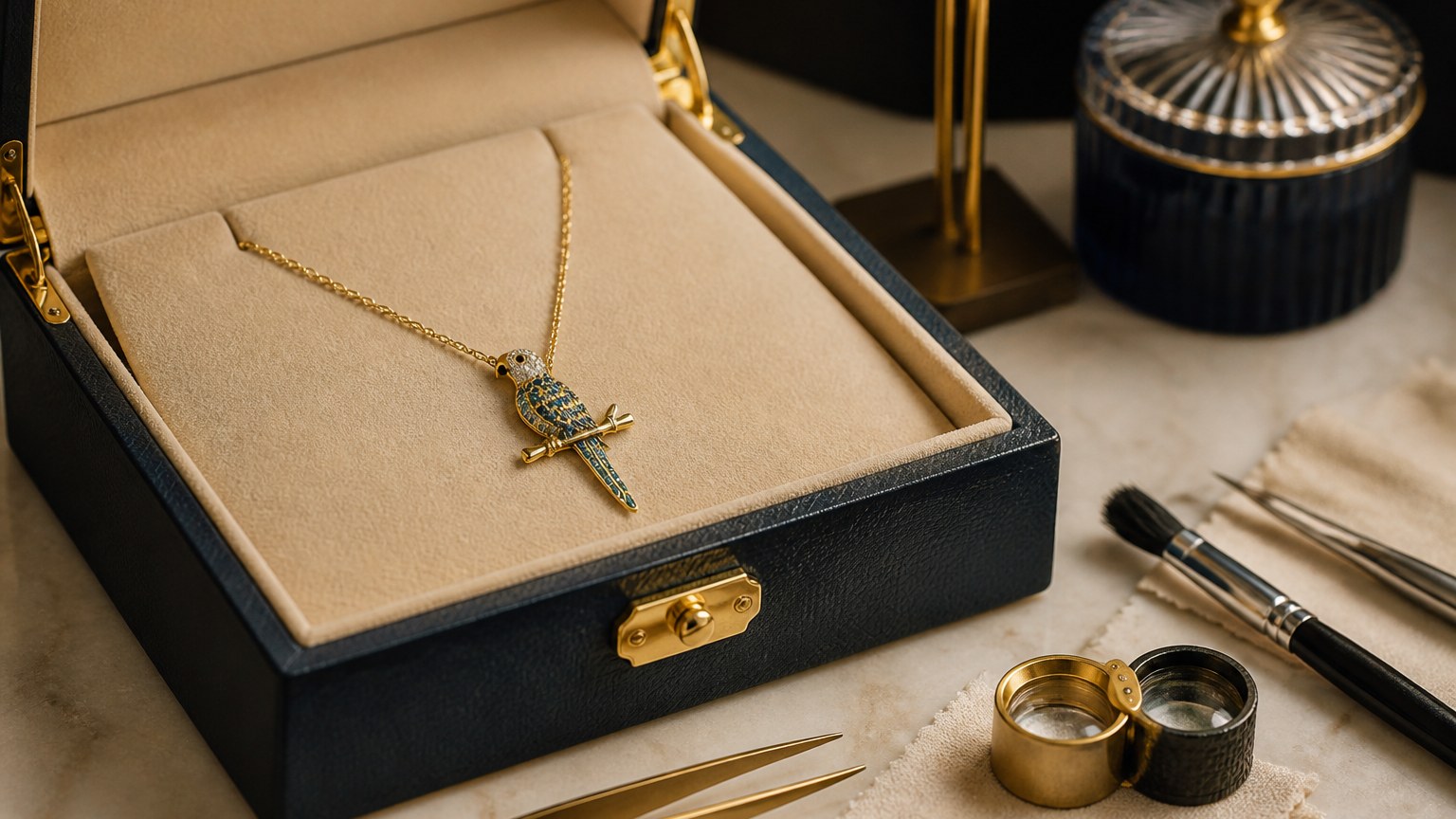 Boîte à bijoux contenant un collier perruche et outils d'entretien