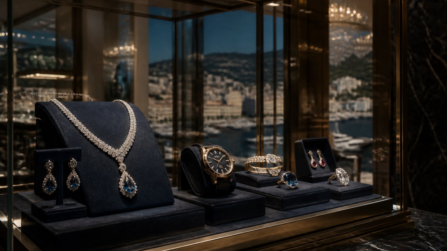 Montres de luxe et bijoux précieux exposés dans une bijouterie à Monaco