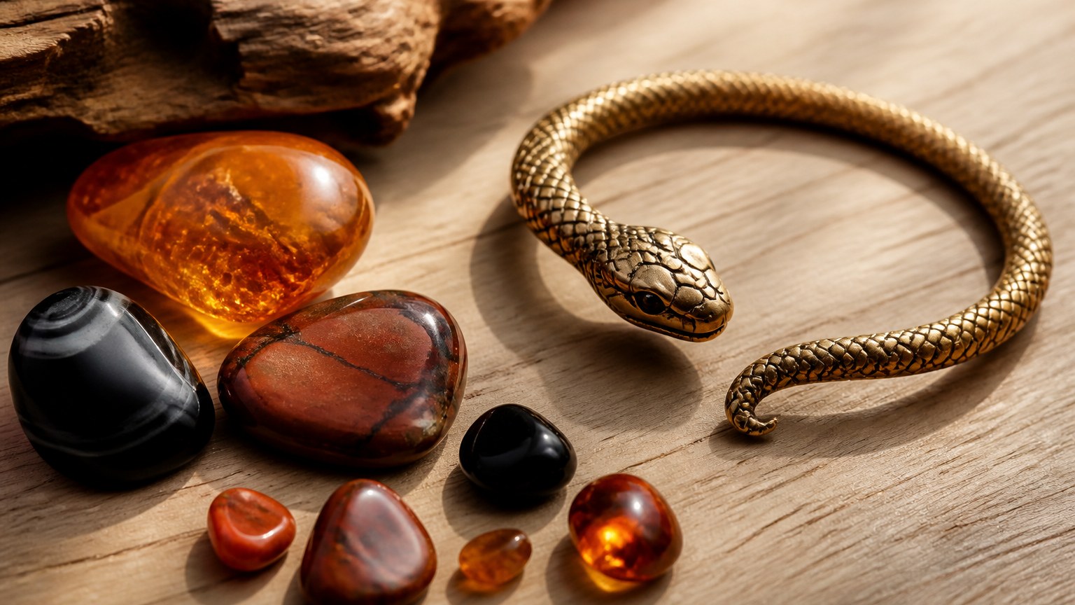 Pierres semi-précieuses et bracelet serpent sur fond en bois, symbolisant la lithothérapie inspirée de la couleuvre